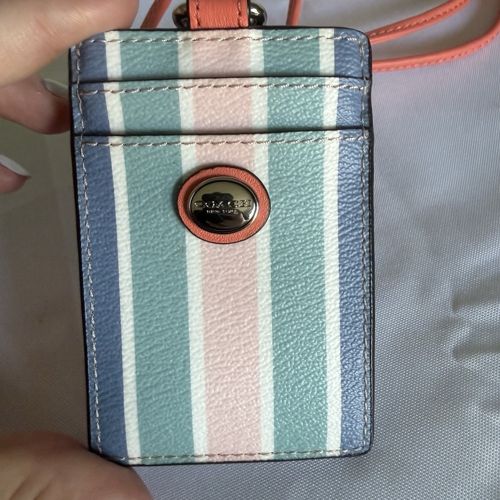 Coach Laynard ID Credit Card Key Holder Pink Teal Blue White Striped Wallet New - Picture 2 of 11